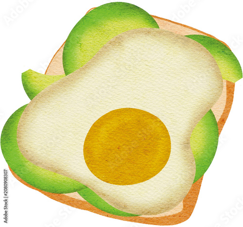 Watercolor avocado toast topped with a sunny-side-up fried egg isolated on background, healthy breakfast