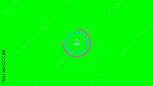 Neon HUD loading animation with rotating circles and triangle on green screen.