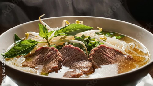 Steaming Bowl Of Vietnamese Pho Bo With Tender Beef, Fresh Herbs, And Rice Noodles Presented In A Beautifully Styled Macro Shot