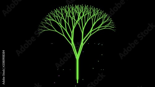Growing fractal tree animation changing color from blue to green on black background