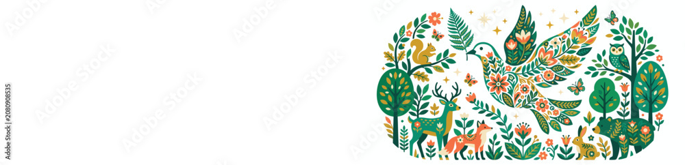 Obraz premium Stylized nature composition with bird and forest animals floral elements vector graphic design art.