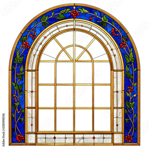 Arched stained glass window frame featuring geometric blue and gold design elegant vintage architecture clip art graphic