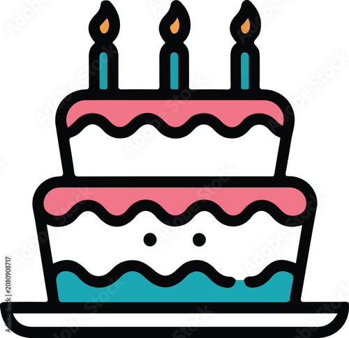 Cute Birthday Cake with Three Candles Flat Vector