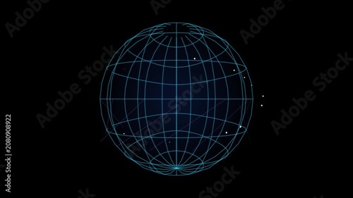 Rotating blue digital wireframe globe with orbiting data nodes