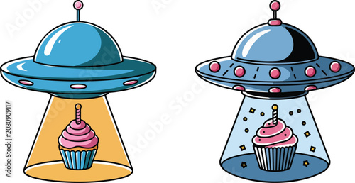 Cute UFO Abducting Birthday Cupcake Flat Vector Illustration