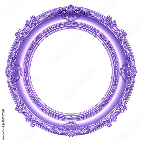 Vibrant violet circular photo frame featuring intricate ornate engravings stylish colorful vintage border decoration asset for artwork