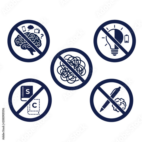 Foto Collection of five prohibited signs icons, representing distractions and restrictions in creativity and workflow