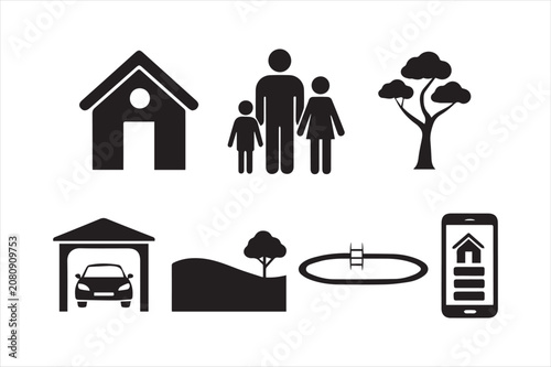 Set of family and residential lifestyle icons with lifestyle, landscape