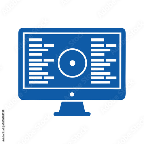Computer monitor screen displaying software code and digital disk symbol icon