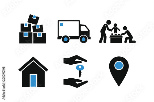 Set of logistics and real estate icons showing boxes delivery and property