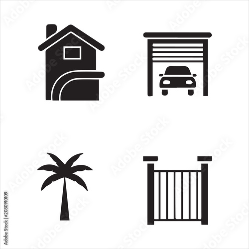 Black residential icons including house with driveway garage car and fence