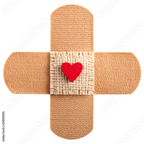 Medical cross shaped adhesive bandage featuring a small red heart icon for loving care pharmacy branding pediatric clinical service first aid promotion