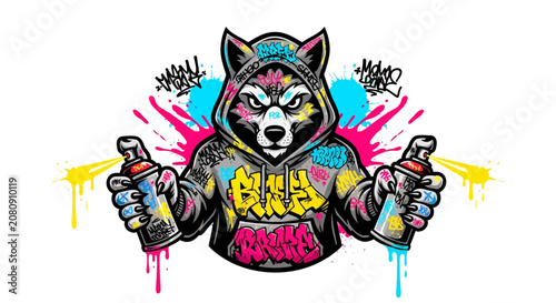 Raccoon graffiti artist with spray cans