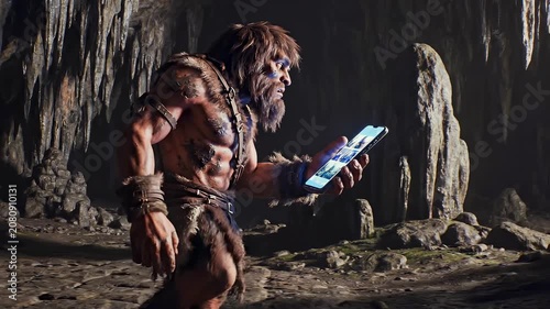 Caveman examining glowing smartphone while walking through cave, ideal for mobile discovery, app trust, digital curiosity, screen dependence, user hesitation, and technology adaptation satire
