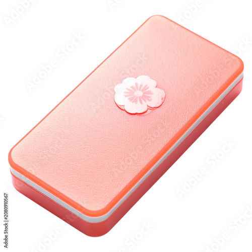Small rectangular pink metal tin container box decorated with a delicate white cherry blossom sakura flower logo pattern sweet cosmetic gift packaging case
