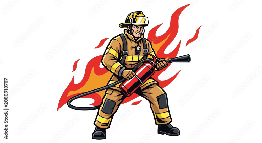 Fototapeta premium Fireman in uniform holding fire extinguisher on white background vector