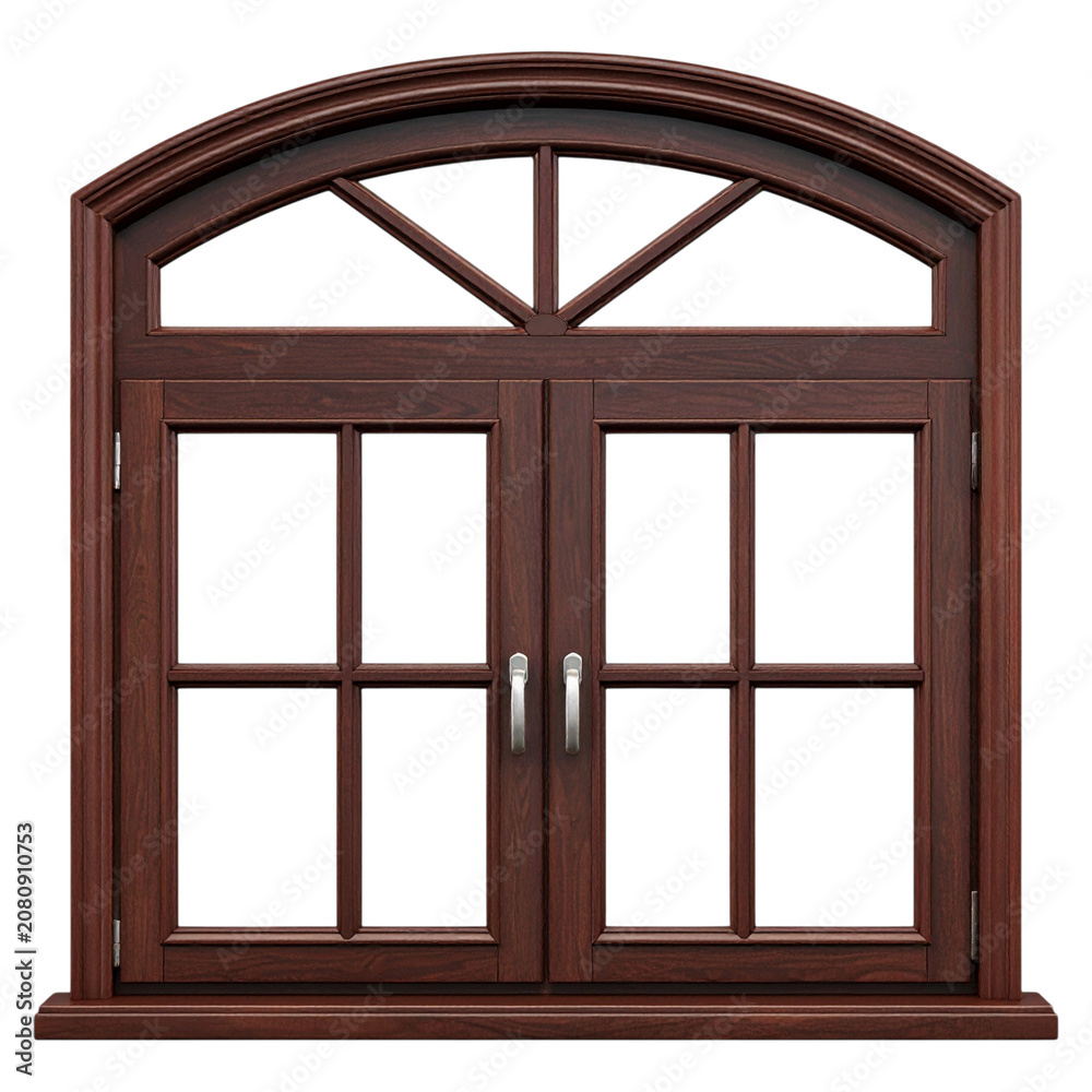 Fototapeta premium Standard brown wood frame casement window with semi circular arch top multiple glass segments traditional cottage style house building decoration element