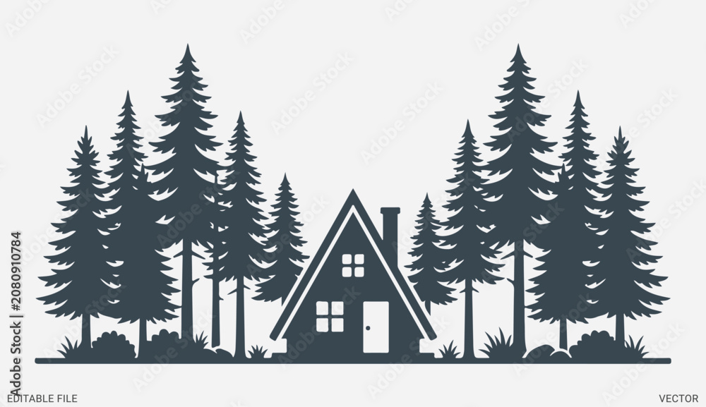 Obraz premium Forest cabin silhouette in pine trees vector illustration rustic wooden house nature landscape