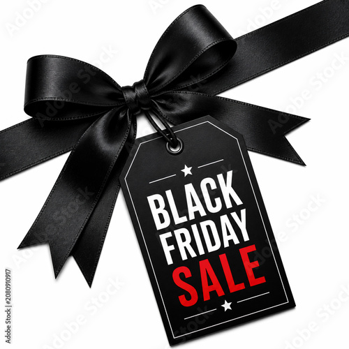Black friday sale tag with elegant black silk ribbon bow