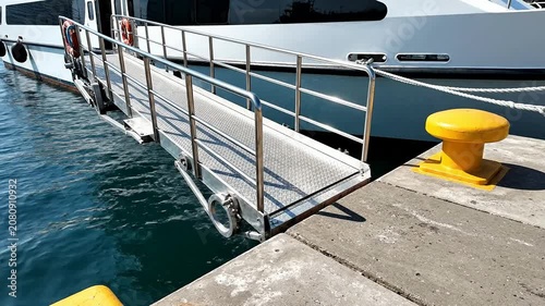 Sturdy Metal Gangway Bridge Connecting Concrete Pier To Passenger Boat Over Calm Water In Urban Marine Environment