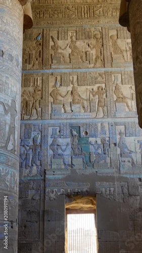Dendera temple or Temple of Hathor. Painted columns with goddess faces and