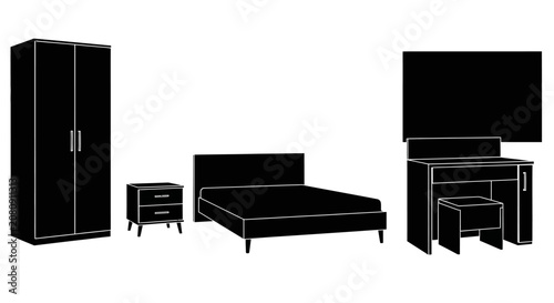 Foto Black furniture set with wardrobe nightstand bed