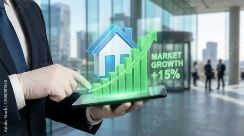 Businessman holding tablet with holographic 3D house and green rising growth bar chart representing real estate market increase