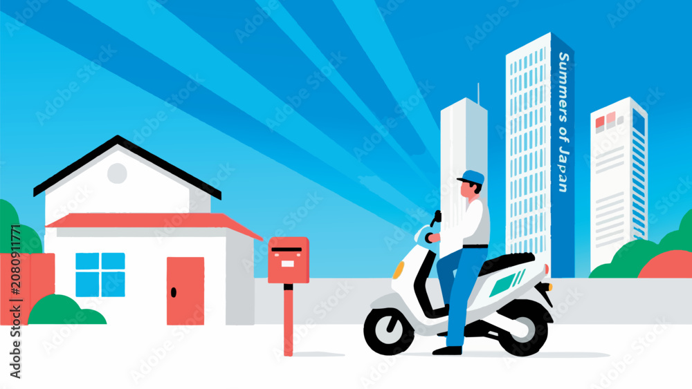 Obraz premium Vector illustration of delivery worker with scooter near house and city buildings