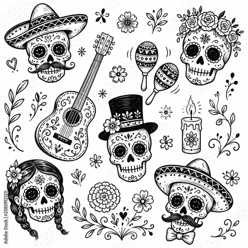 Day of the dead sugar skull doodle icons set