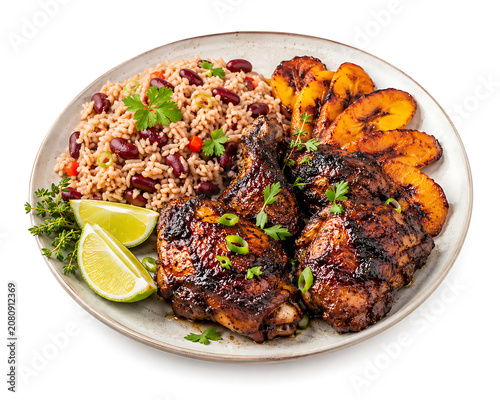 Jamaican jerk chicken with spicy grilled skin, rice and peas, plantain, lime, and herbs