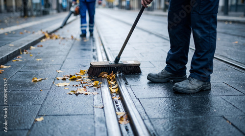 Street cleaner sweeping leaves from pavement