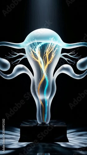 Stylized Anatomical Uterus Illustration as Frosted Glass Sculpture Illuminated on Dark Background