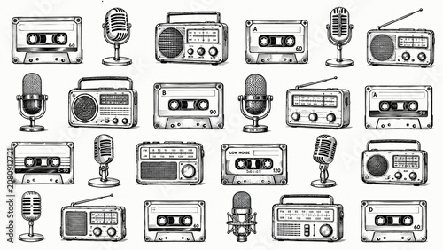 Set of black and white music and audio device icons