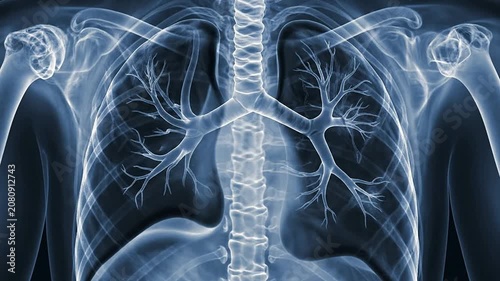 Stylized 4K Monochromatic Blue And White X-Ray Animation Of Human Lungs Showcasing Bronchial Structures And Detailed Anatomy