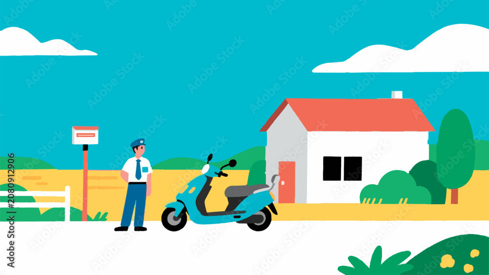 Fototapeta premium Vector illustration of delivery worker riding scooter for package delivery