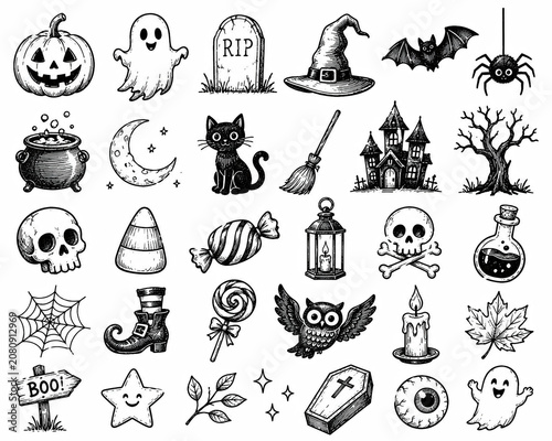 Set of black and white halloween pixel art icons
