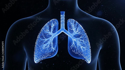 Stylized CGI Animation of Glowing Fiber-Optic Lungs Highlighting Intricate Respiratory Structures Against Dark Background