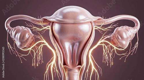Stylized Medical Visualization of Female Anatomy with Uterus and Ovaries Featuring Glowing Organic Textures in a Subtle Background