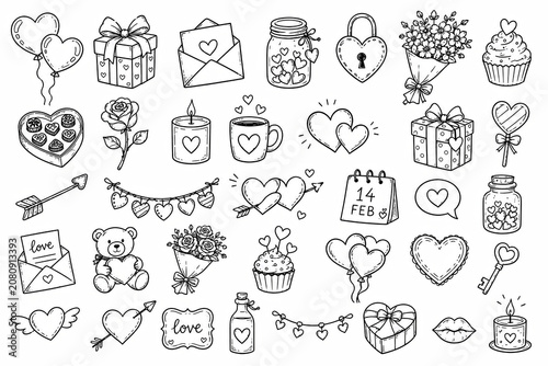 Set of hand drawn doodle floral and decorative icons