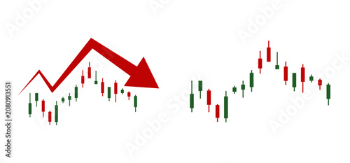 Stock Market Candlestick Charts with Bearish Red Trend Arrow