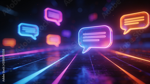 Glowing digital chat message icons floating in a futuristic virtual network, representing online communication, social media, messaging, and digital connectivity.