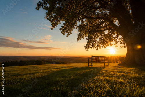 Peaceful park bench under a large tree at sunset