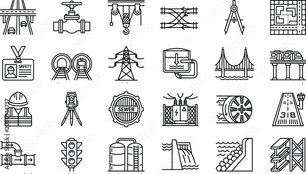 Fototapeta premium Civil Engineering and Public Infrastructure Line Icon Set Featuring Transport Bridges Tunnels Roads Rail Tracks Power Grids Water Treatment and Industrial Safety Design Symbols