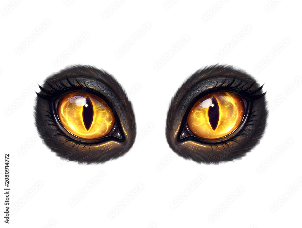 Fototapeta premium Mystical Cat and Owl Eyes Close Up with Glowing Iris Halloween Dark Animal Vision Vector Illustration Design