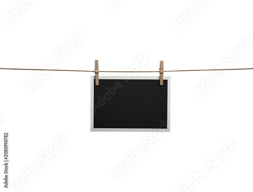 Blank Photo Frames Hanging on Rope with Clothespins for Notes Messages Photos and Memo Cards on Clothesline with Heart Decoration Concept