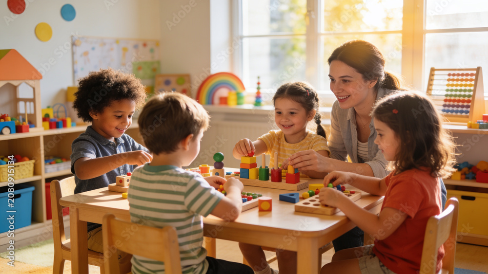 Obraz premium Preschool teacher playing with happy children using colorful wooden blocks during an interactive early learning activity in a bright kindergarten classroom.