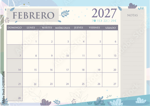 Obraz na plátně Calendario imprimible 2027 - Febrero - Plantilla mensual con flores - EPS vector