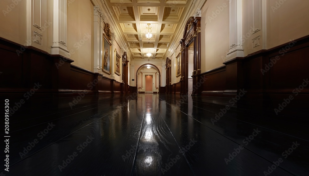 Obraz premium A grand historic hallway with polished dark wood floors reflecting elegant chandeliers. This silent, opulent corridor evokes a sense of mystery and prestige. Low angle shot, nobody.