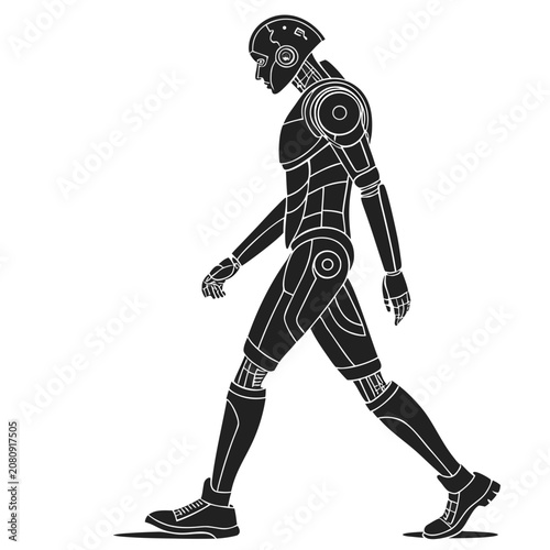 Black and white silhouette of a humanoid robot walking forward with artificial