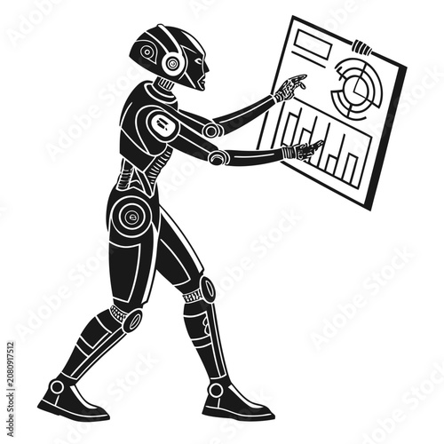 Robot analyzing business charts and data on a digital screen with analysis